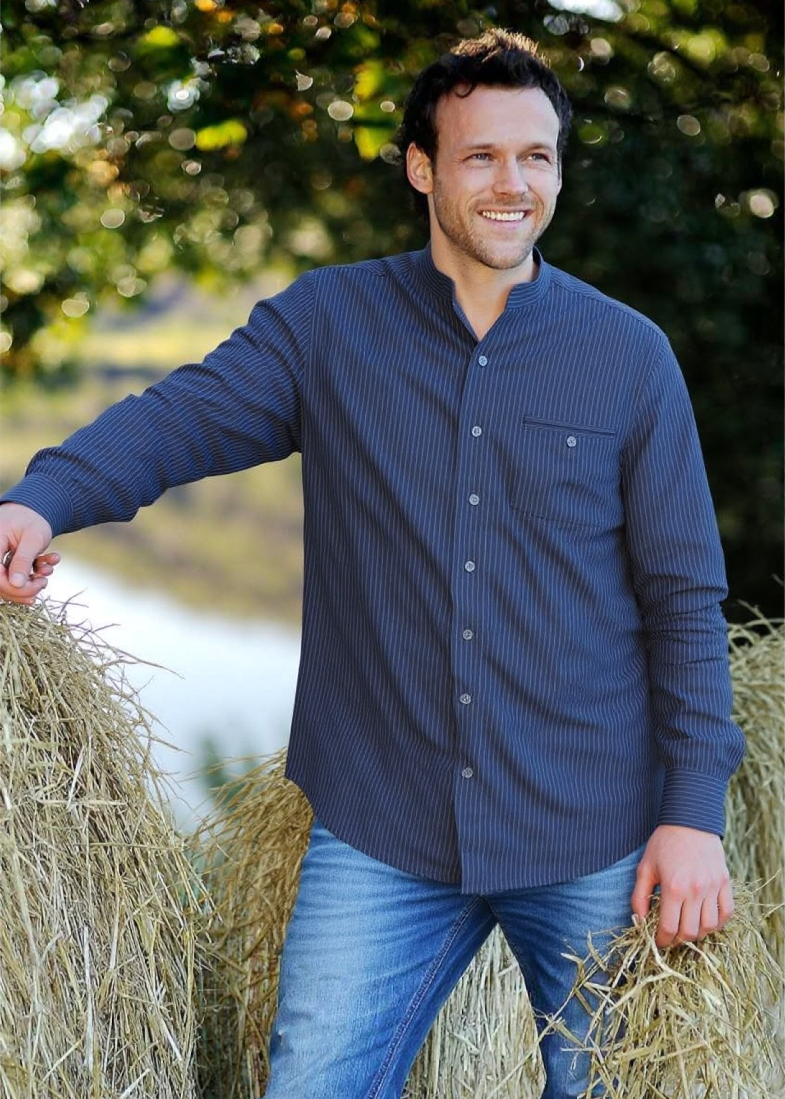 Lee Valley Cotton Grandfather Shirt | Navy White Stripe