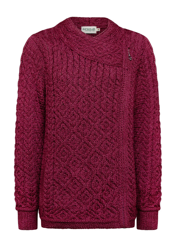 Claddagh Zip Skellig Aran Cardigan | Raspberry
