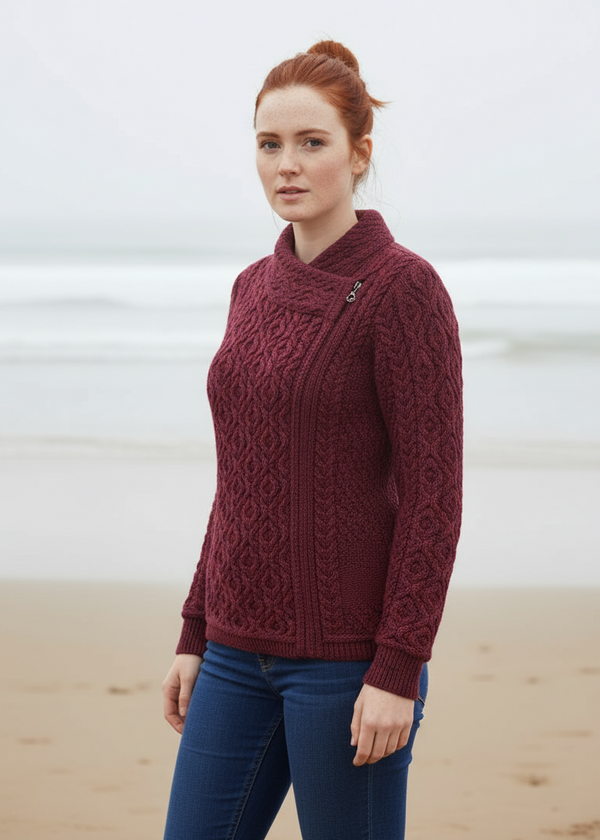 Claddagh Zip Skellig Aran Cardigan | Raspberry