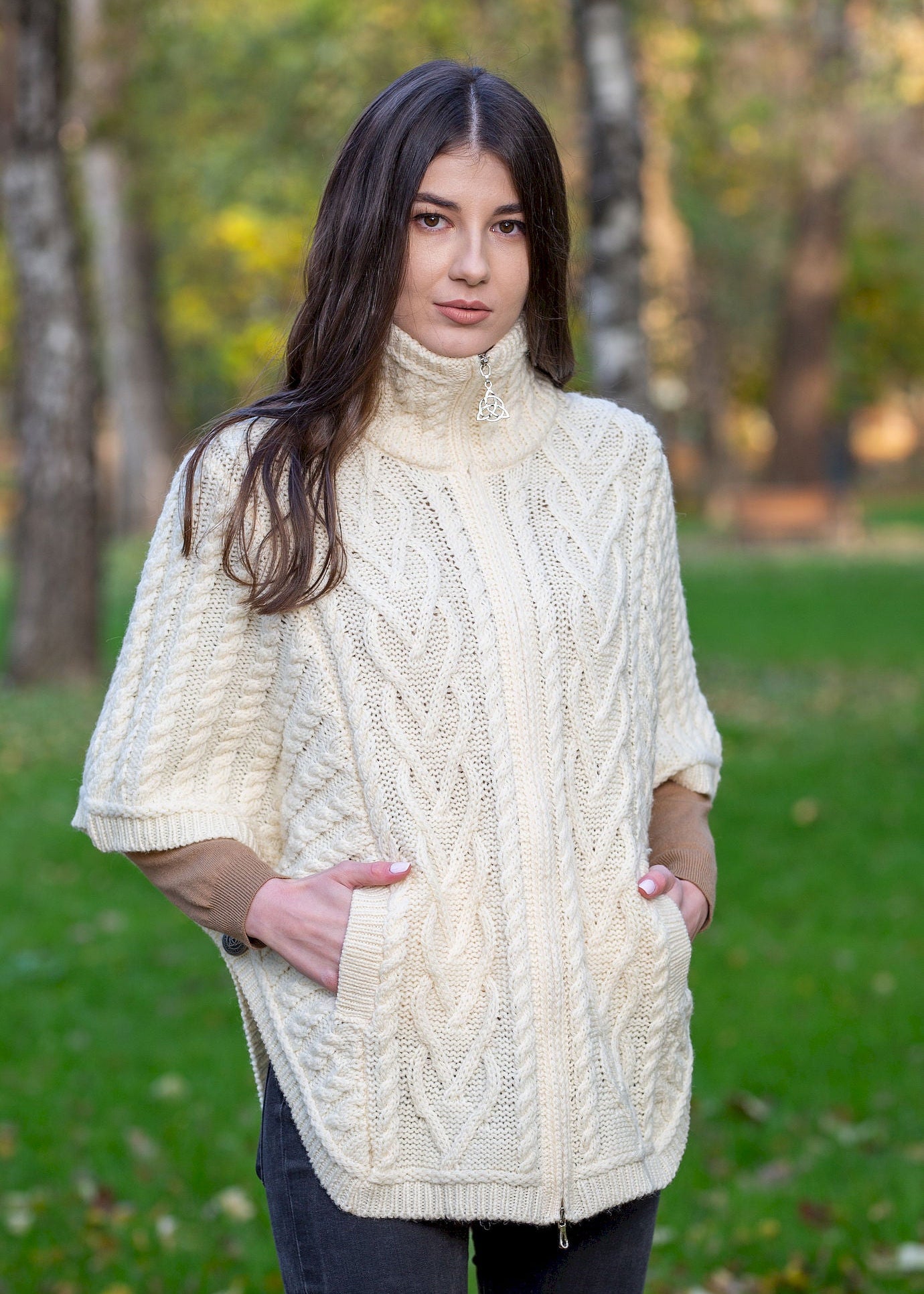 Aran Funnel Neck Cape | Natural