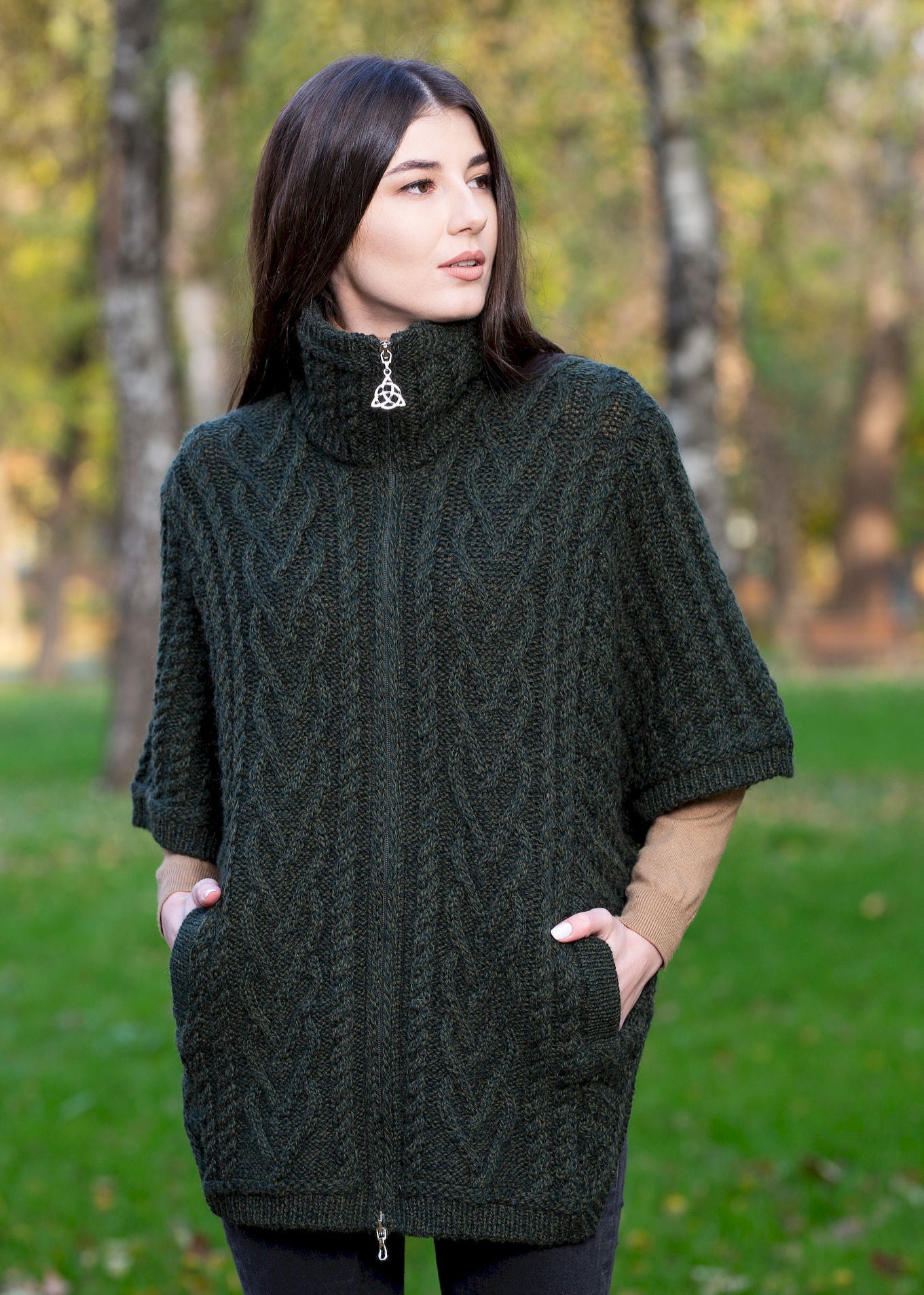 Aran Funnel Neck Cape | Army Green