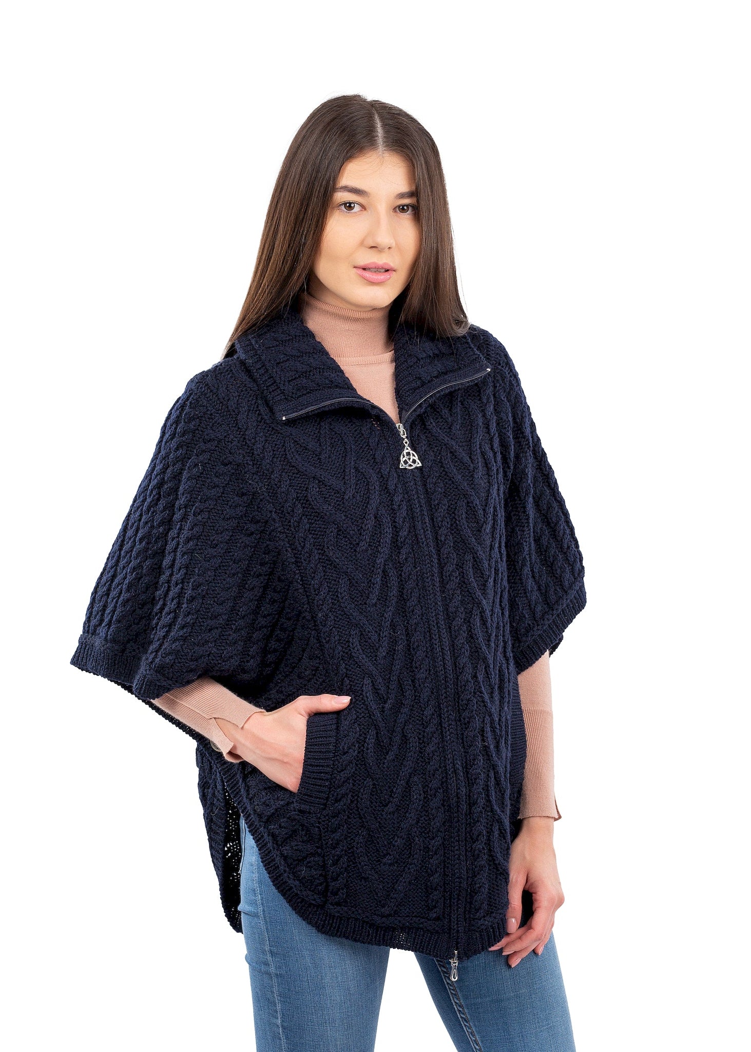 Aran Funnel Neck Cape | Navy