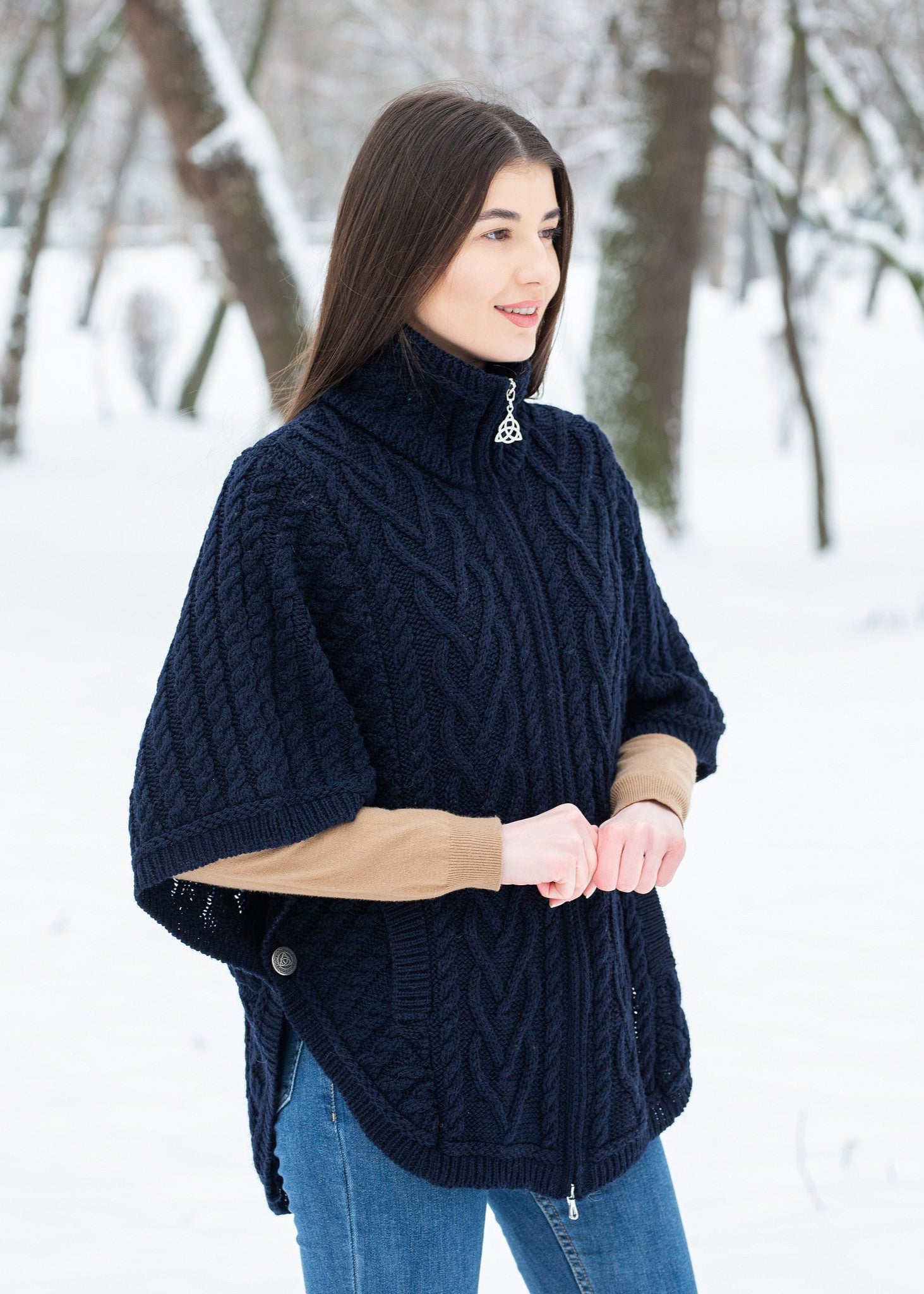 Aran Funnel Neck Cape | Navy