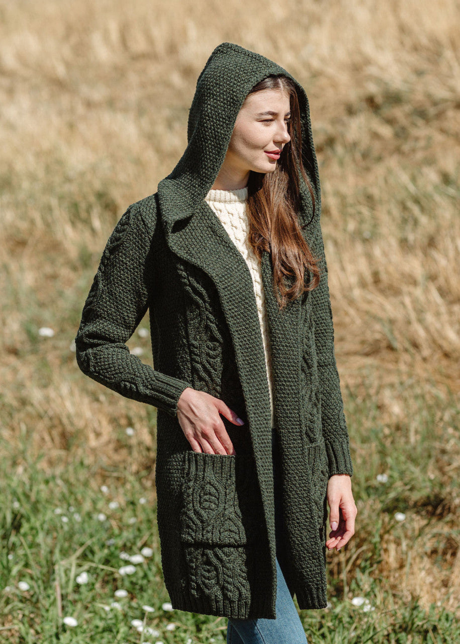 Ladies Classic Long Hooded Cardigan | Army Green