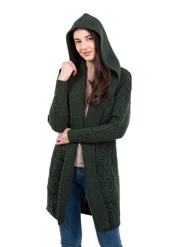 Ladies Classic Long Hooded Cardigan | Army Green