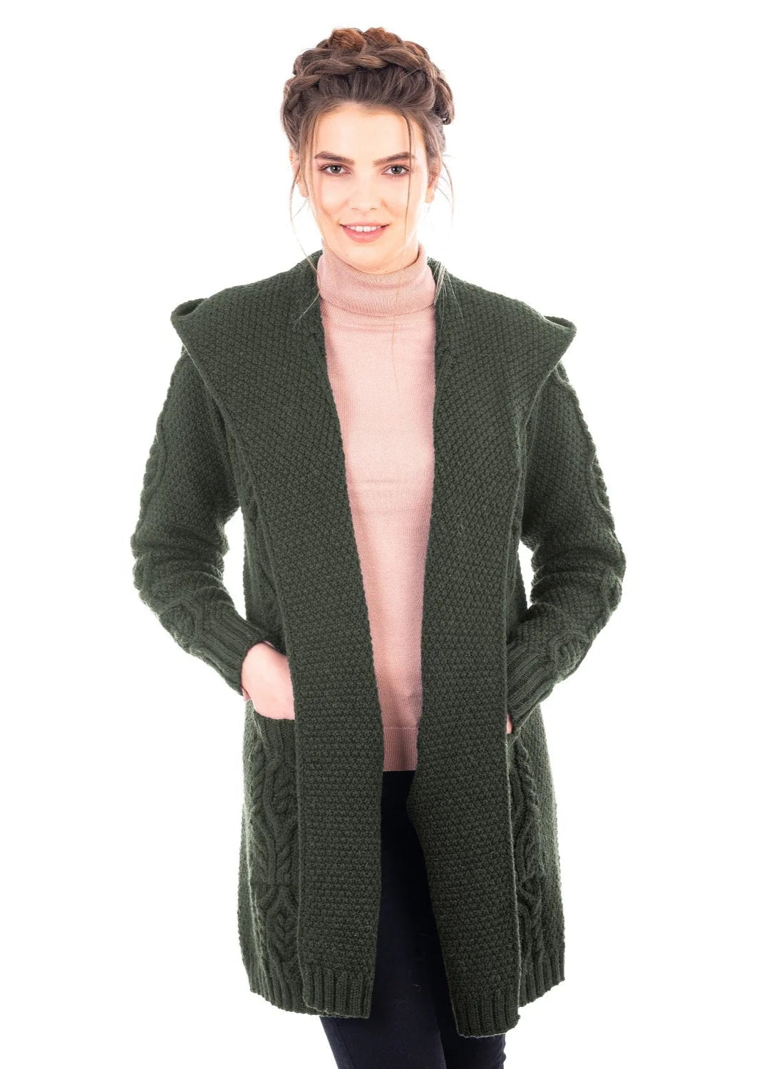 Ladies Classic Long Hooded Cardigan | Army Green