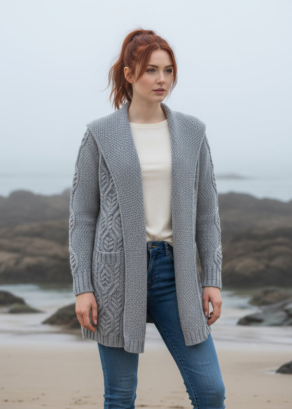 Ladies Classic Long Hooded Cardigan | Grey