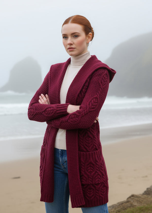 Ladies Classic Long Hooded Cardigan | Burgundy