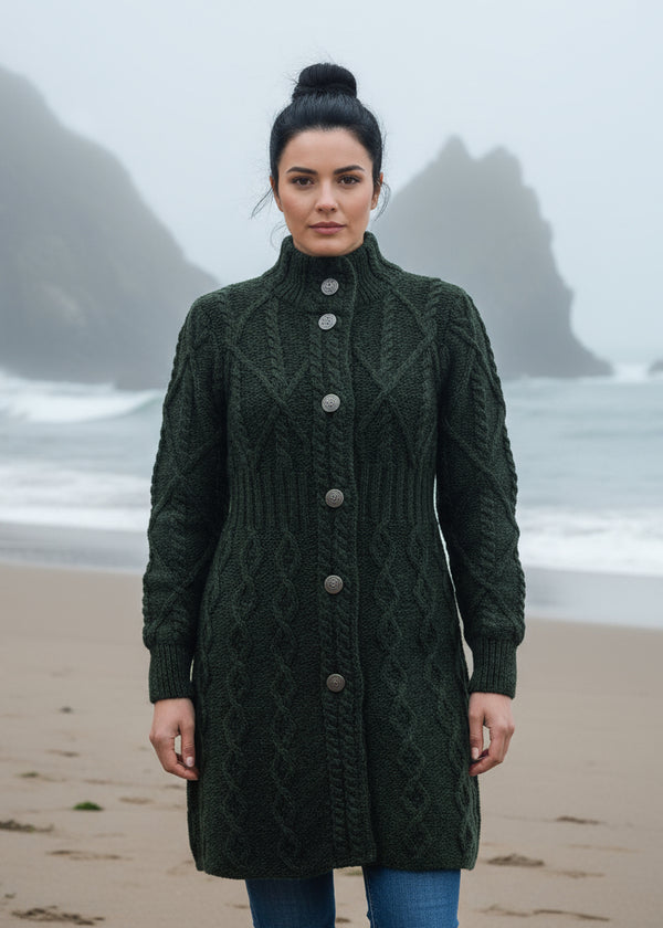 Aran Cable Knit Coat | Army Green