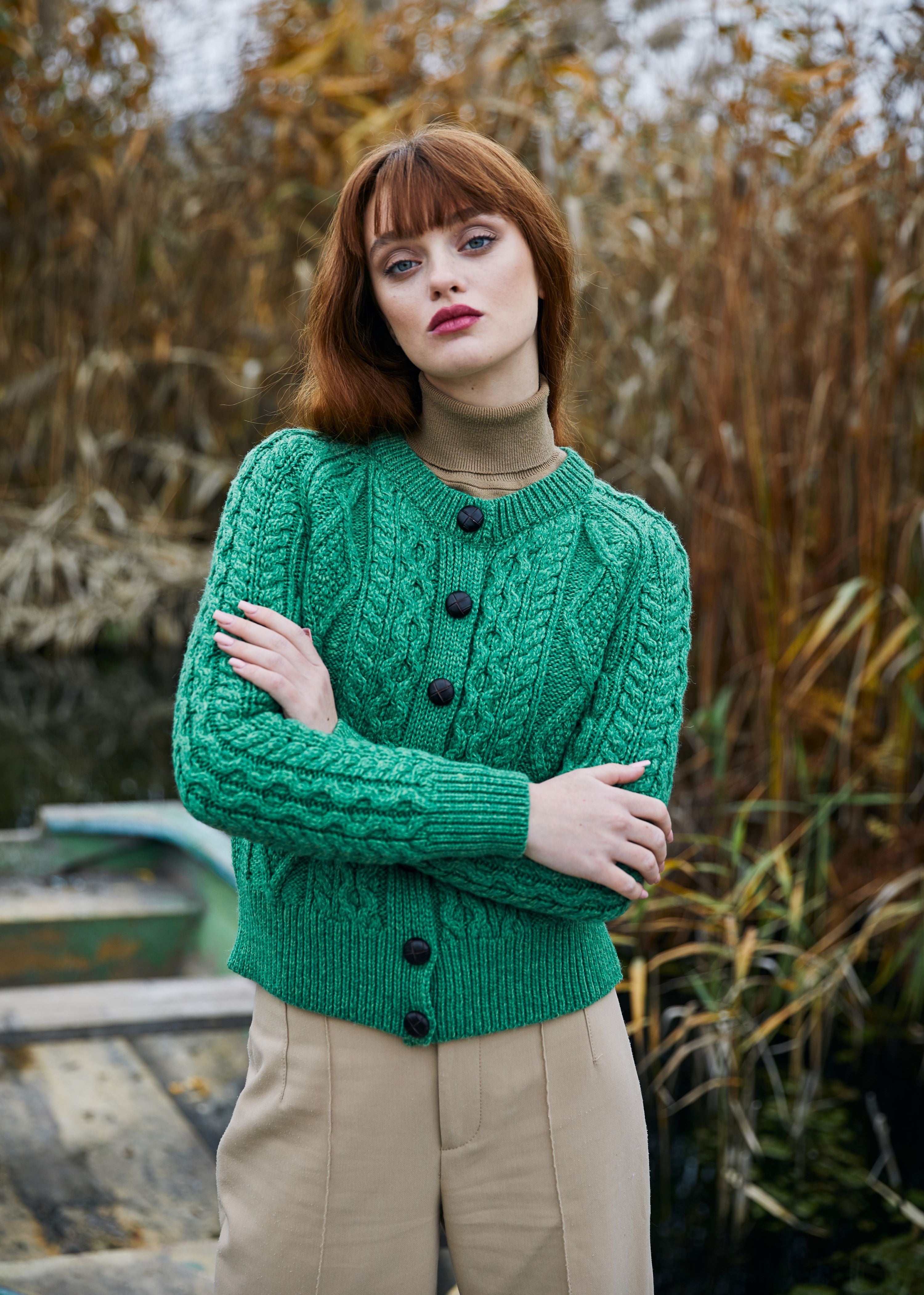 Ladies Aran Stitch Cardigan | Green