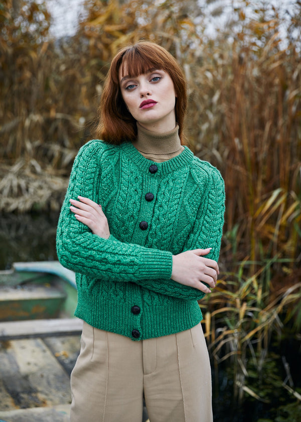 Ladies Aran Stitch Cardigan | Green