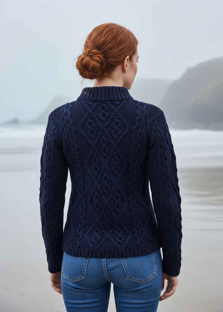 Ladies Aran Cable Knit Sweater | Navy