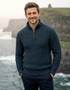 Men's Aran Half Zip Sweater - Blackwatch Navy Green | 100% Merino Wool