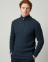 Men's Aran Half Zip Sweater - Blackwatch Navy Green | 100% Merino Wool