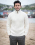 Aran-Pullover für Herren mit halbem Reißverschluss – Natur | 100 % Merinowolle | Zopfmuster