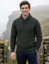 Men's Aran Shawl Neck Sweater | Army Green | 100% Merino Wool