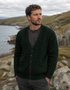 Mens Merino Wool V Aran Cardigan | Green