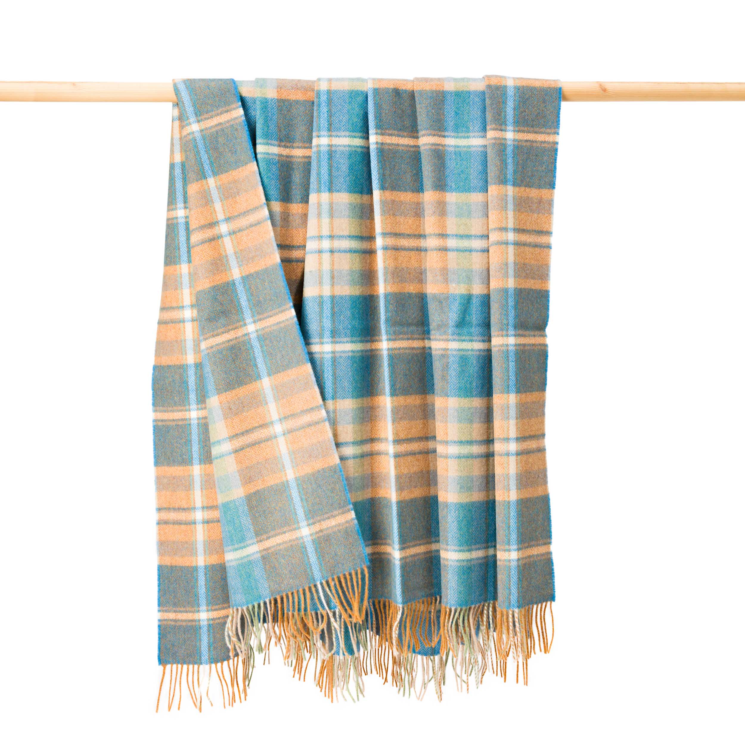 John Hanly Large Lambswool Throw Blue Orange Plaid