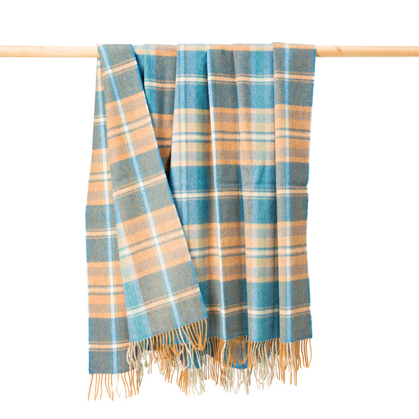John Hanly Large Lambswool Throw Blue Orange Plaid