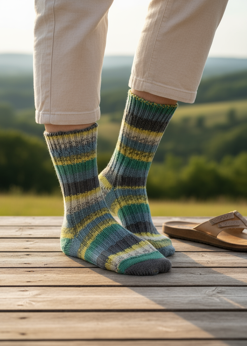 Soft Merino Wool Fair Isle Socks | Grey Green Blue Yellow