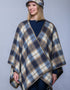 Tweed-Poncho | Blau-Beige-Karo | 100 % Wolle