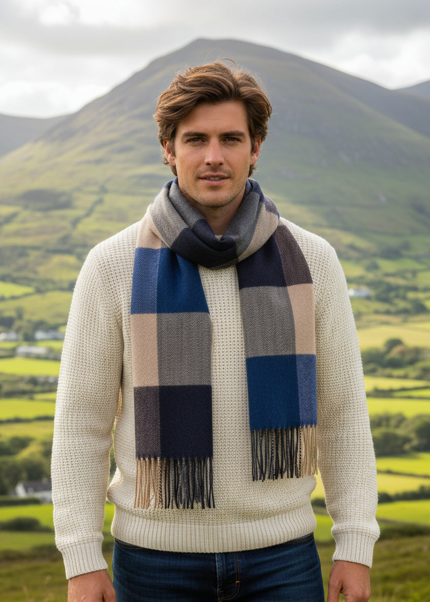 John Hanly Merino Scarf Blue Navy Sand
