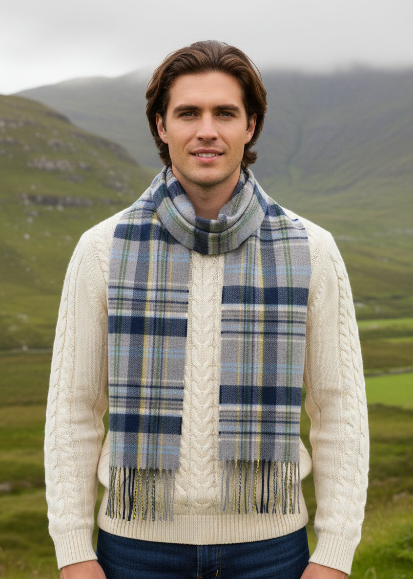 John Hanly Merino Scarf Grey Blue Check