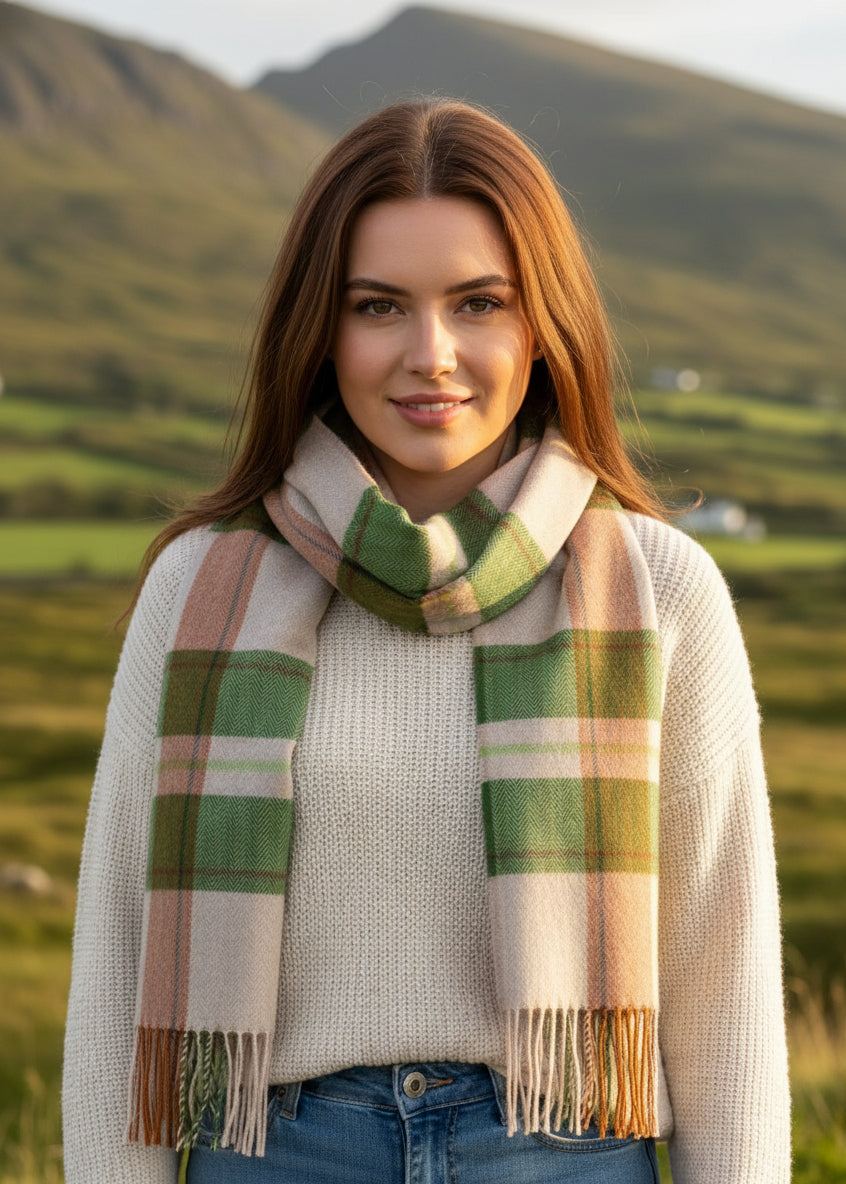 John Hanly Merino Scarf Green Rust Check