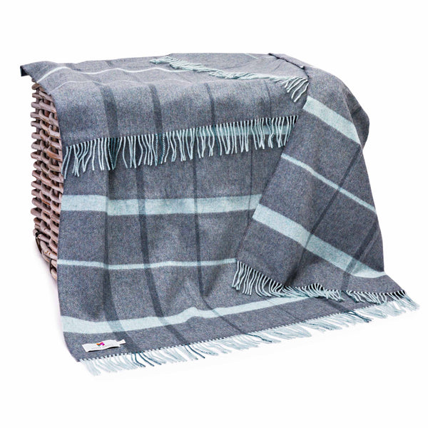 Merino Lambswool Blanket Grey & Duck Egg Check