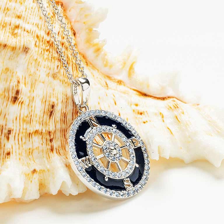 Sterling Silver Blue Enamel Compass Necklace