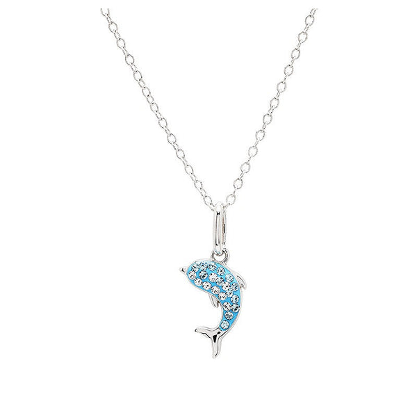 Sterling Silver Aqua Crystal Dolphin Mini Necklace