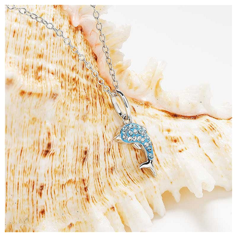 Sterling Silver Aqua Crystal Dolphin Mini Necklace