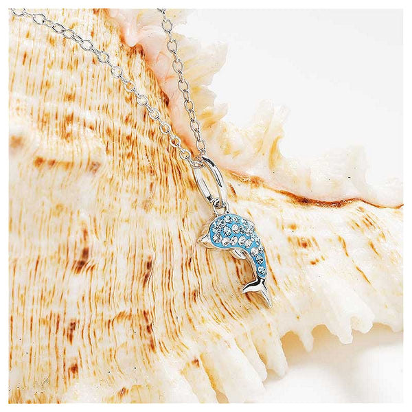 Sterling Silver Aqua Crystal Dolphin Mini Necklace