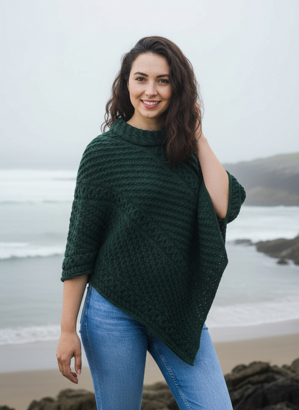 Aran Merino Wool Cowl Poncho | Green - Clearance