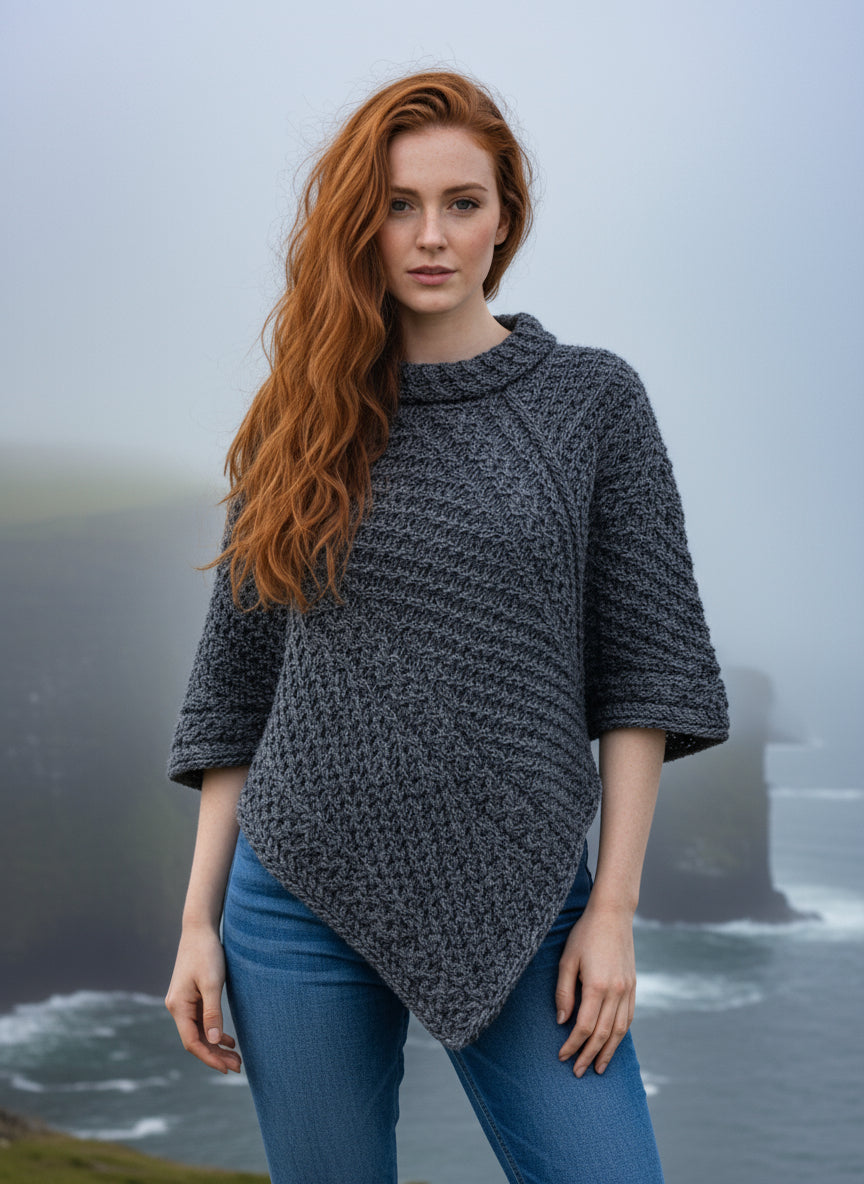 Aran Merino Wool Cowl Poncho | Slate