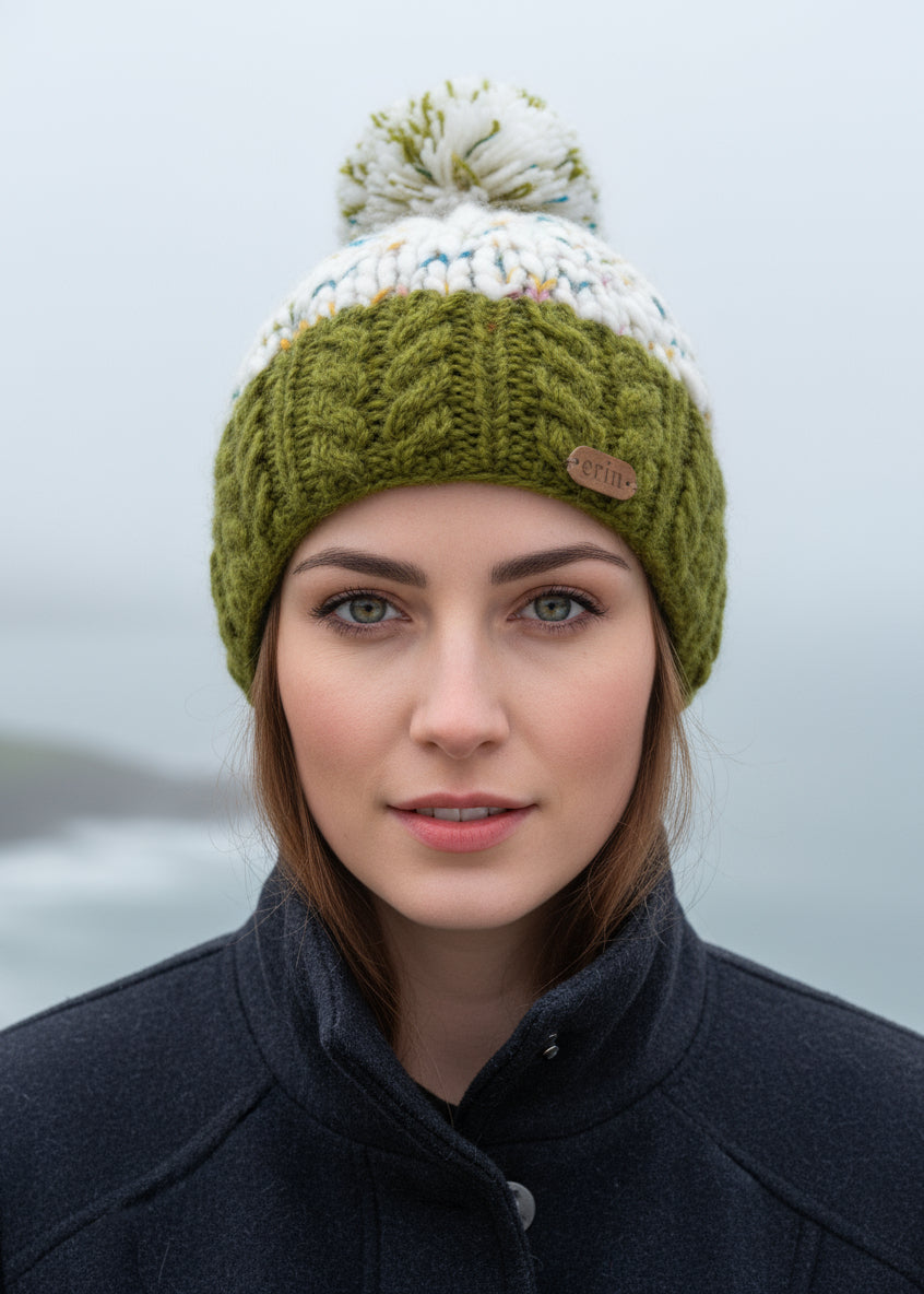 Wool Bobble Hat Flecked Green