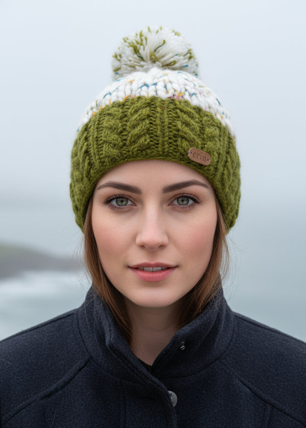 Wool Bobble Hat Flecked Green