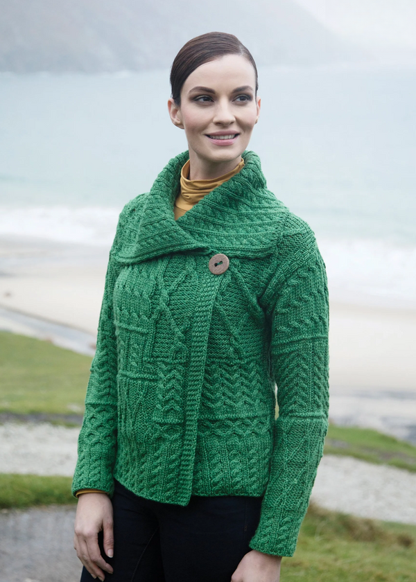 Patchwork Ladies Aran Cardigan | Green