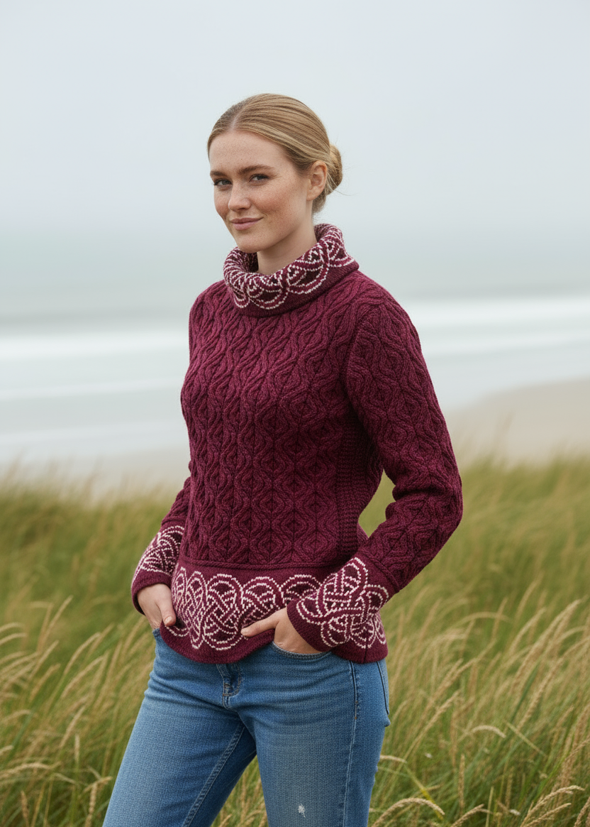 Aran Women's Celtic Design Sweater | Wine