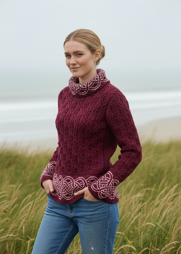 Aran Women's Celtic Design Sweater | Wine