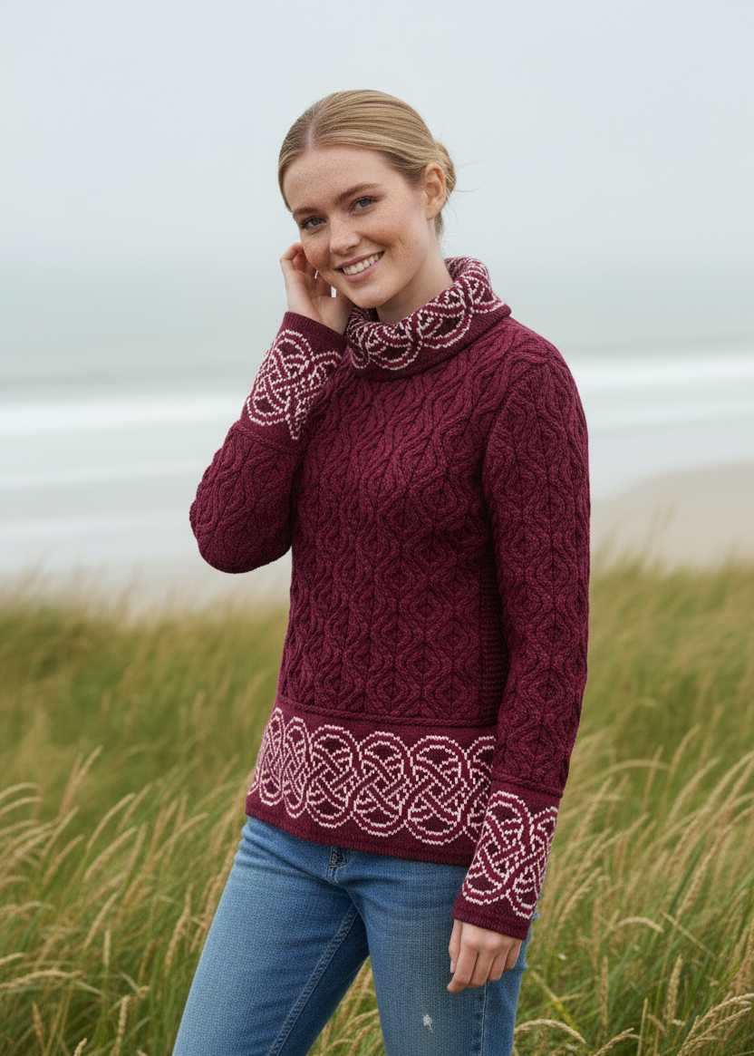 Aran Women's Celtic Design Sweater | Wine