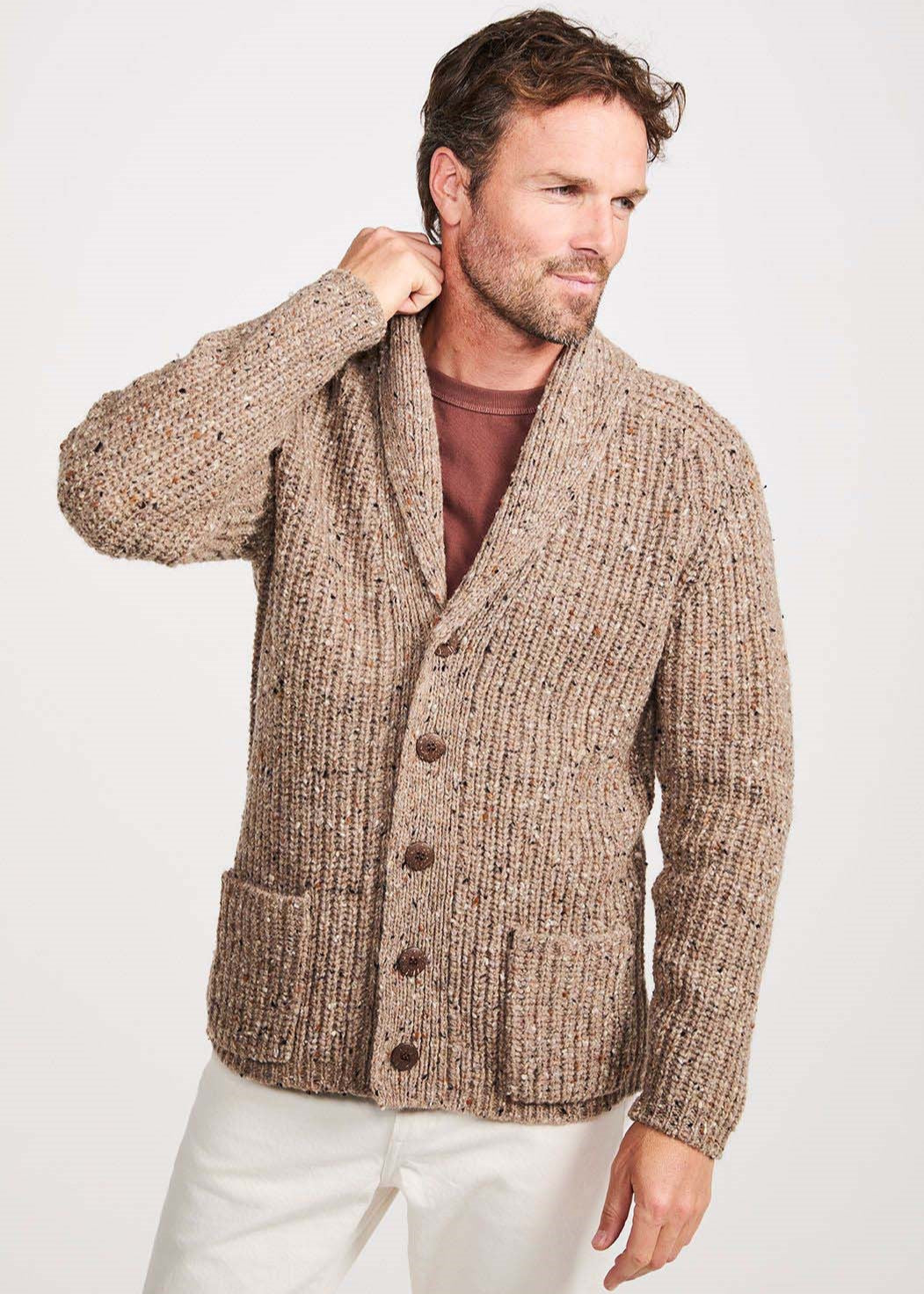 Aran Men's Fisherman Shawl Cardigan | Brown