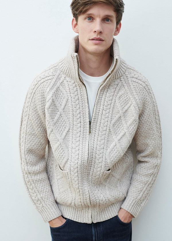 Handknit Men's Aran Cardigan | Oatmeal
