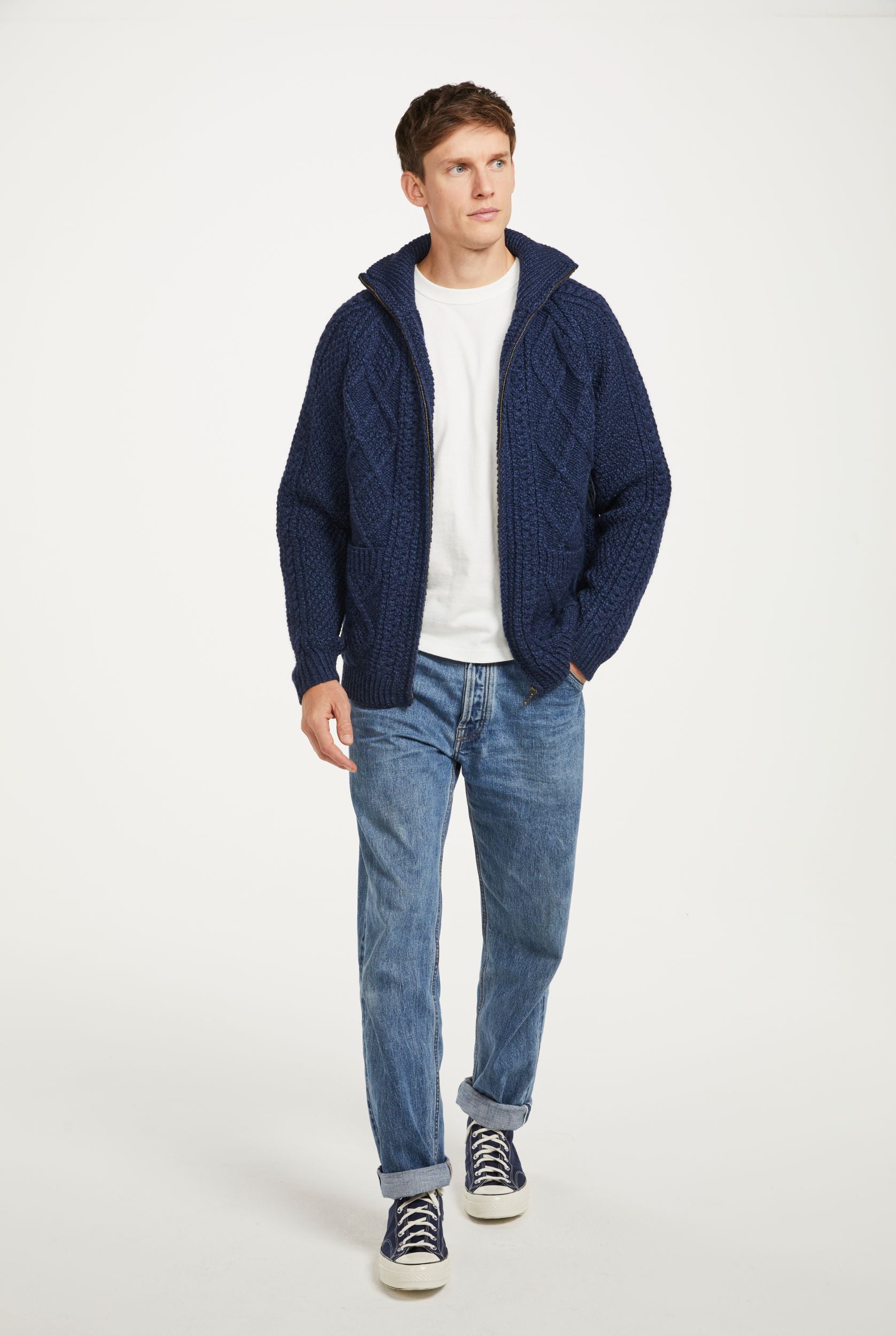 Handknit Men's Aran Cardigan - Blue