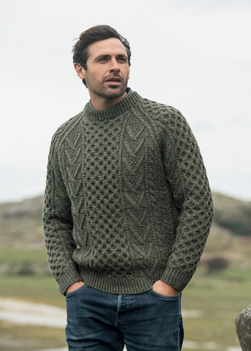 Aran Handknit Crew Neck Sweater | Green