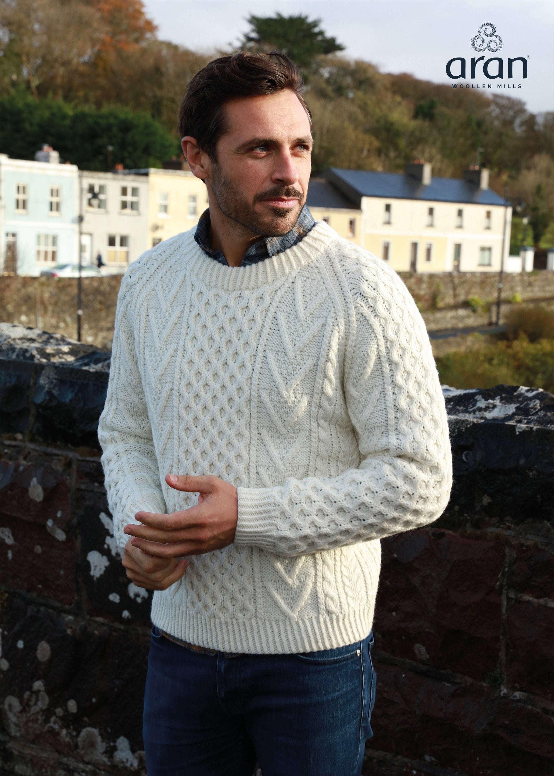 Aran Handknit Crew Neck Sweater | Natural