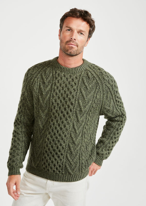 Aran Handknit Crew Neck Sweater - Green