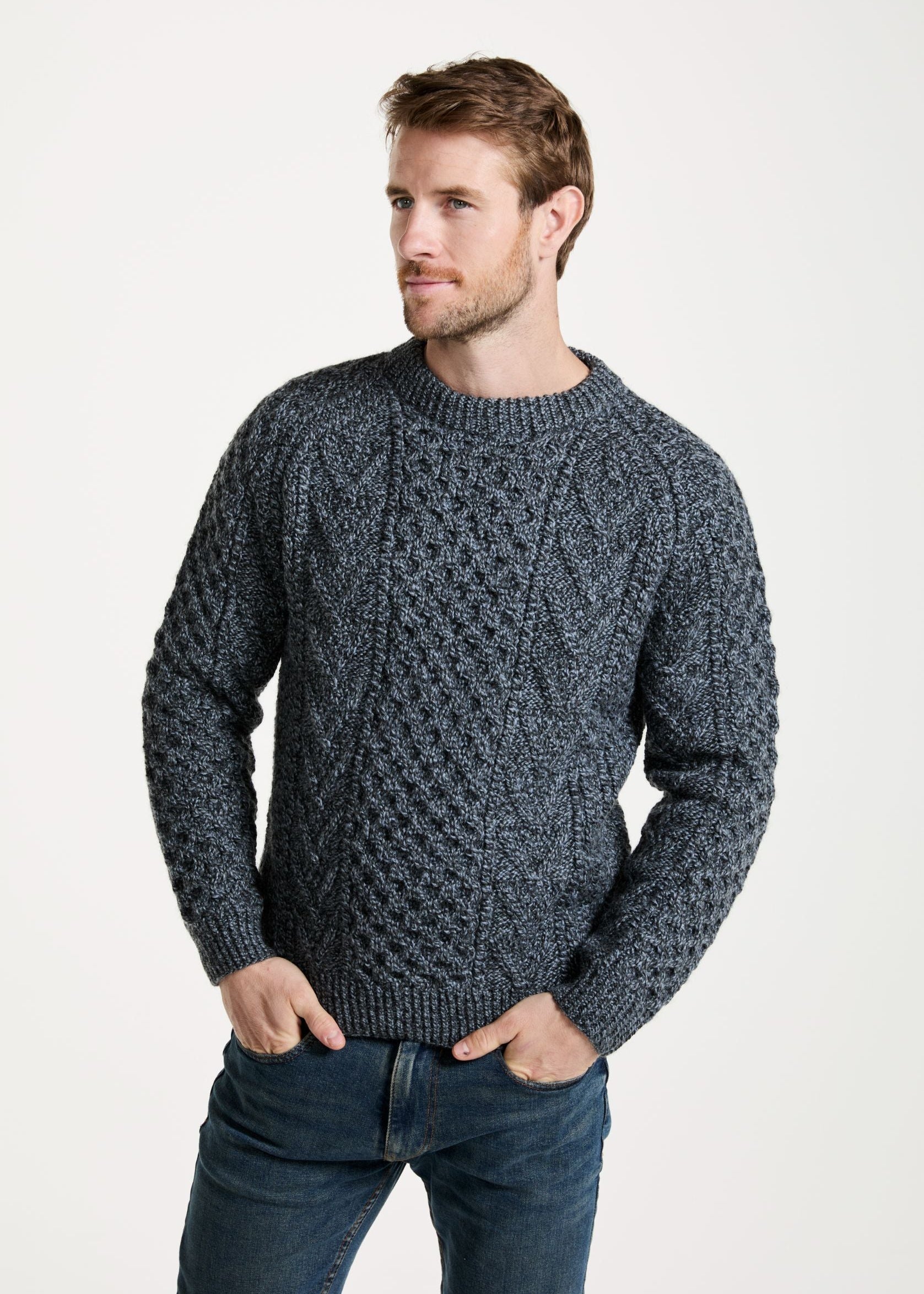 Aran Handknit Crew Neck Sweater | Silver
