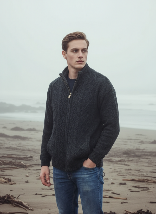 Mens Lined Wool Aran Cardigan | Charcoal