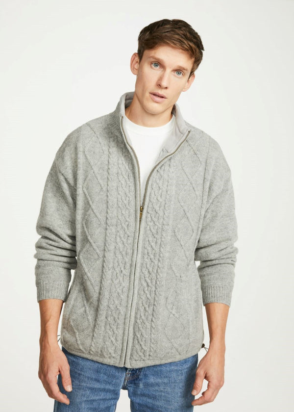 Mens Lined Wool Aran Cardigan | Grey